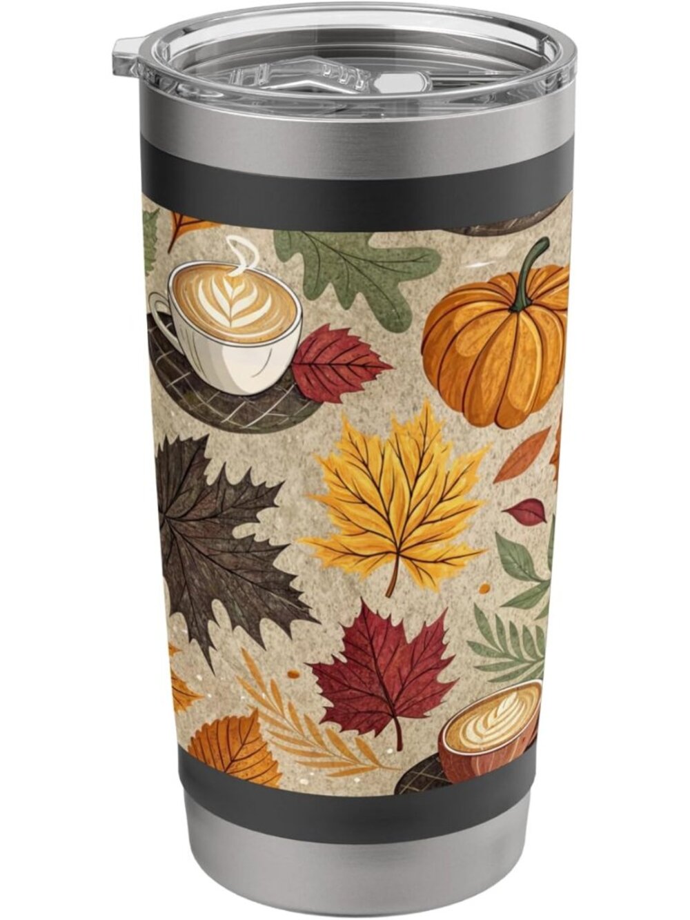 Cozy Fall Insulated Coffee Mug with Autumn Leaves, Brown Plaid & Pumpkins